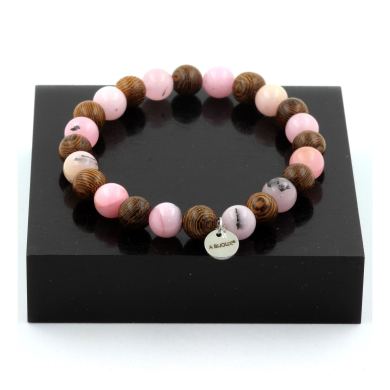 Wood + Pink Opal Bracelet 8 mm Beads.