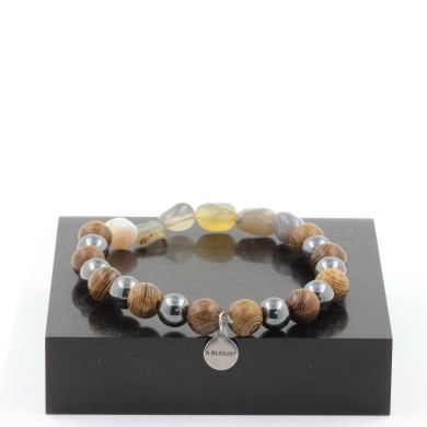 Agate from Bostwana + Hematite + wood 8 mm beads Bracelet.
