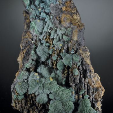 Chrysocolla after Malachite after Azurite with Wulfenite, Goethite.