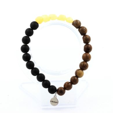 Yellow Calcite from UK + Matte Black Onyx + wood Bracelet 8 mm Beads.