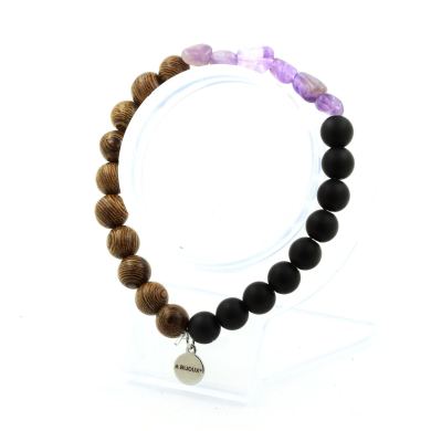 Amethyst from Brazil + Matte Black Onyx + wood 8 mm beads Bracelet.