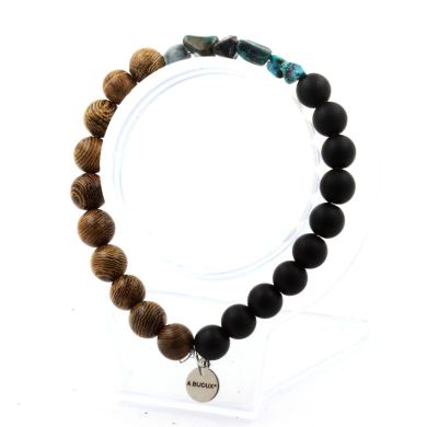 Chrysocolla from USA + Matte black Onyx + wood Bracelet 8 mm Beads.