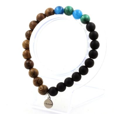 Malachite from Congo + Apatite + Matte Black Onyx + Wood Bracelet 8 mm Beads.