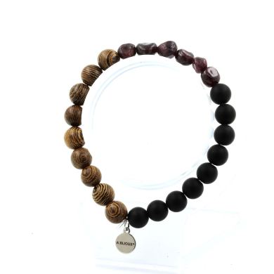 Garnet from Mozambique + Matte Black Onyx + wood Bracelet 8 mm Beads.