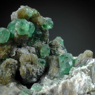 Fluorite on Muscovite, Schorl and Quartz etc.