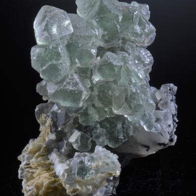 Fluorite - etched crystals with Schorl, Hyalite Opal and Microcline