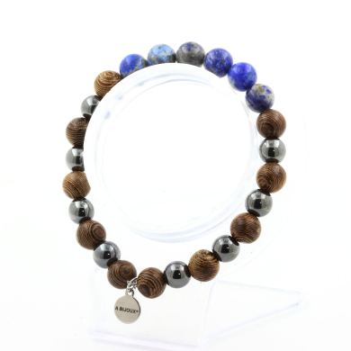 Lapis Lazuli from Pakistan + Hematite + wood 8 mm beads Bracelet.