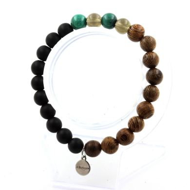 Malachite from Congo + smoky Quartz + Matte Black Onyx + Wood Bracelet 8 mm Beads.