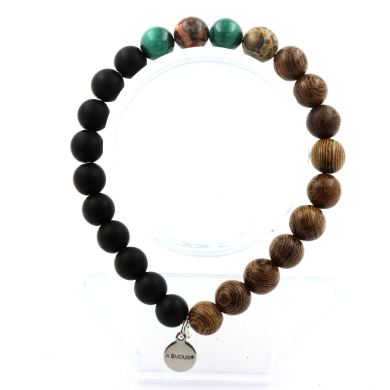 Malachite from Congo + Leopard Jasper + Matte Black Onyx + Wood Bracelet 8 mm Beads.