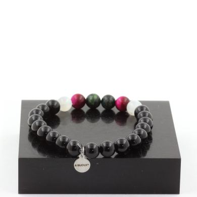 Emerald from Zambia + Selenite from Morocco + Fuschia Tiger’s Eye + Black Agate Bracelet 8 mm Beads.