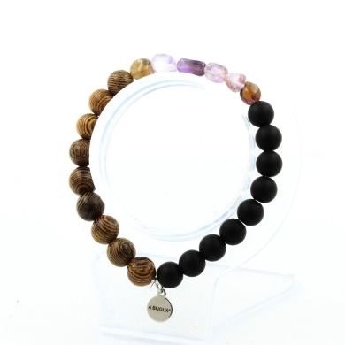 Auralite from Canada + Matte Black Onyx + wood Bracelet 8 mm Beads.