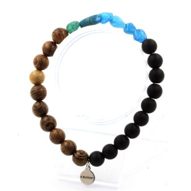 Blue Apatite from Brazil + Matte Black Onyx + wood Bracelet 8 mm Beads.
