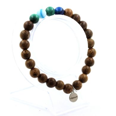 Malachite from Congo + Blue banded Agate + wood Bracelet 8 mm Beads.