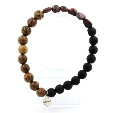 Red tiger's eye from Brazil + Matte black Onyx + wood Bracelet 8 mm Beads.
