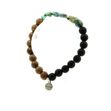 African Turquoise from Africa + Matte Black Onyx + wood Bracelet 8 mm Beads.