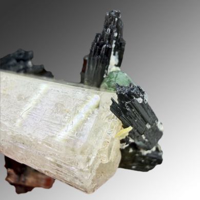 Beryl var. goshenite, tourmaline, fluorite