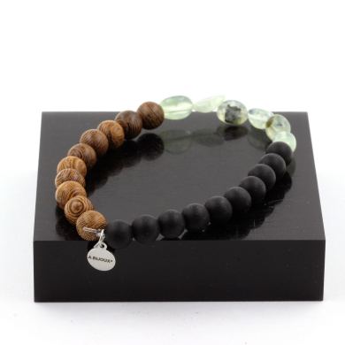 Prehnite from Canada + Matte Black Onyx + wood Bracelet 8 mm Beads.