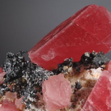 Rhodochrosite with Acanthite and Fluorite, Quartz, Pyrite and Sphalerite