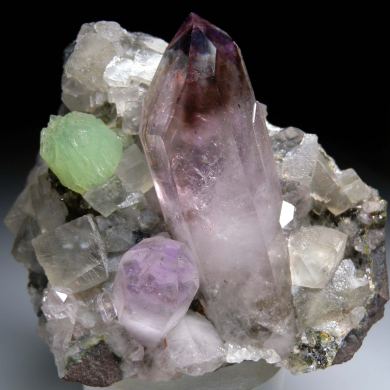 Amethyst with Prehnite, Calcite