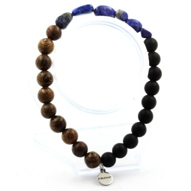 Lapis Lazuli from Pakistan + Matte Black Onyx + wood Bracelet 8 mm Beads.