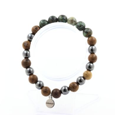 African Turquoise + Hematite + wood 8 mm beads Bracelet.