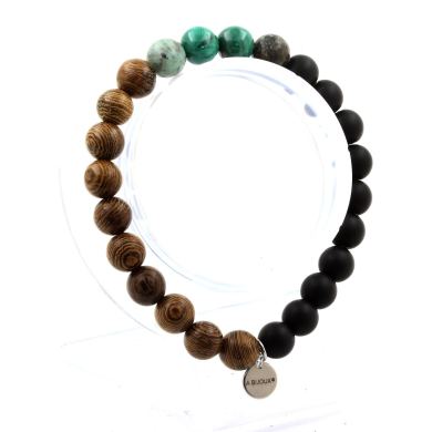 Malachite from Congo + African Turquoise + Matte Black Onyx + Wood Bracelet 8 mm Beads.