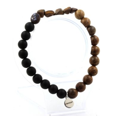 Boulder Opal from Australia + Matte Black Onyx + wood Bracelet 8 mm Beads.