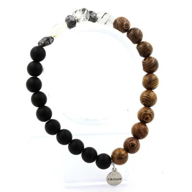 Quartz with Tourmaline inclusions from Brazil + Matte Black Onyx + wood Bracelet 8 mm Beads.