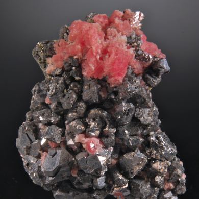 Rhodochrosite on Acanthite with Native Silver, Galena etc.