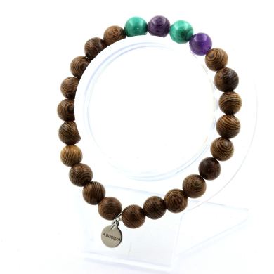 Malachite from Congo + Amethyst + wood Bracelet 8 mm Beads.