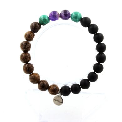 Malachite from Congo + Amethyst + Matte Black Onyx + Wood Bracelet 8 mm Beads.