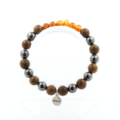 Genuine Baltic Sea Amber + Hematite + wood 8 mm beads Bracelet.