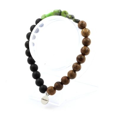 Nephrite Jade from Xiuyan China + Matte Black Onyx + Wood 8 mm beads Bracelet.