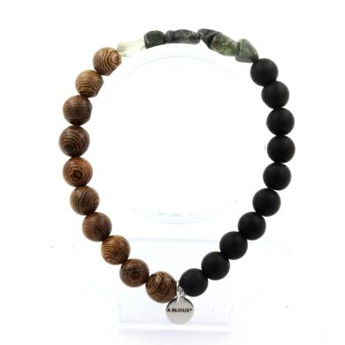 Green rutilated Quartz from Brazil + Matte Black Onyx + wood Bracelet 8 mm Beads.