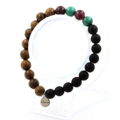 Malachite from Congo + Garnet + Matte Black Onyx + Wood Bracelet 8 mm Beads.