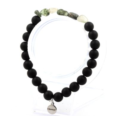 Green rutilated Quartz from Brazil + Matte Black Onyx Bracelet 8 mm Beads.