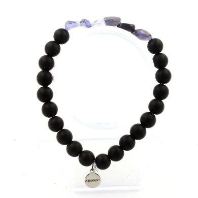 Cordierite Iolite from Madagascar + Matte Black Onyx Bracelet 8 mm Beads.