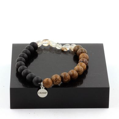 Quartz Amethyst Rutile from Brazil + Matte Black Onyx + wood Bracelet 8 mm Beads.