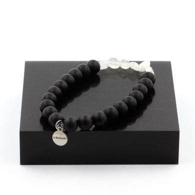 Moonstone from India + Matte Black Onyx Bracelet 8 mm Beads.