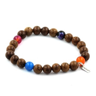 Multicolor banded agate + wood Bracelet 8 mm Beads.
