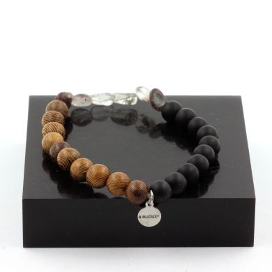 Green Phantom Quartz from Brazil + Matte Black Onyx + wood Bracelet 8 mm Beads.