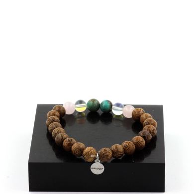 Chrysocolla from Namibia + Titanium Quartz + Rose Quartz + wood Bracelet 8 mm Beads.
