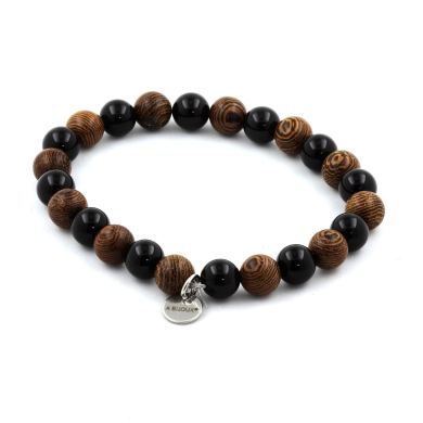Black agate + wood Bracelet 8 mm Beads.