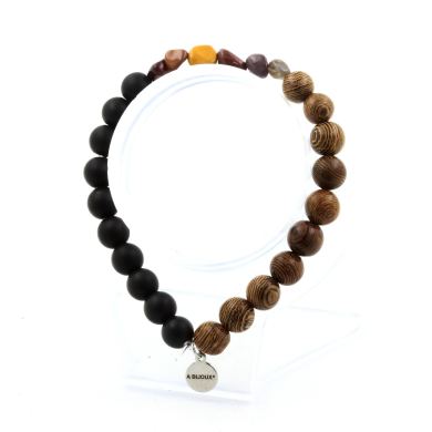 Mookaite from Australia + Matte Black Onyx + wood 8 mm beads Bracelet.