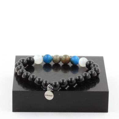 Sapphire from Mogok, Burma, Myanmar + Selenite from Morocco + Apatite + Black Agate Bracelet 8 mm Beads.