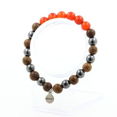 Carnelian from Uruguay + Hematite + wood 8 mm beads Bracelet.