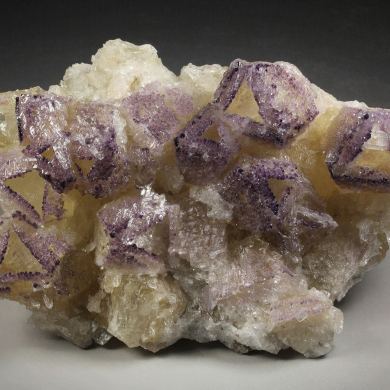 new find - FLUORITE incrustations on skeletal CALCITE, GYPSUM - fluorescent