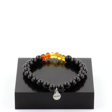 Genuine Baltic Sea Amber + Black Agate Bracelet 8 mm Beads.