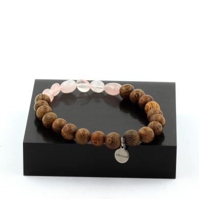 Rose Quartz from Brazil + wood 8 mm beads Bracelet.