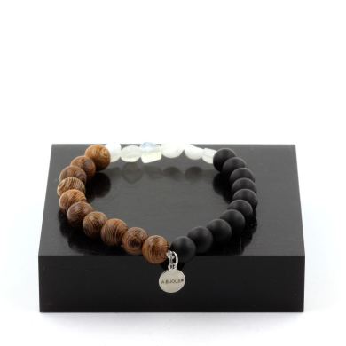 Moonstone from India + Matte Black Onyx + Wood 8 mm beads Bracelet.
